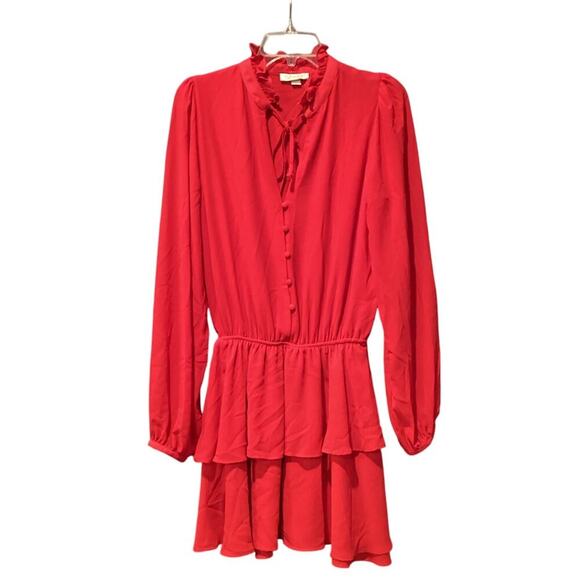 Yumi Kim Ruffled Long Sleeve ruched waist Tiered Mini Dress Tie Neck Red Medium - Picture 1 of 11